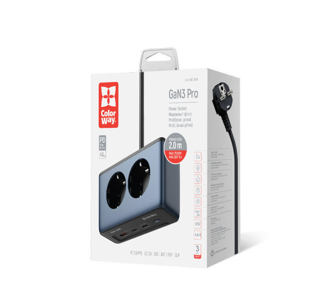 ColorWay Фільтр живлення ColorWay CW-CHE25PDB 45W 2 розетки, 1xUSB-A 2xUSB-C, 2 м, синій