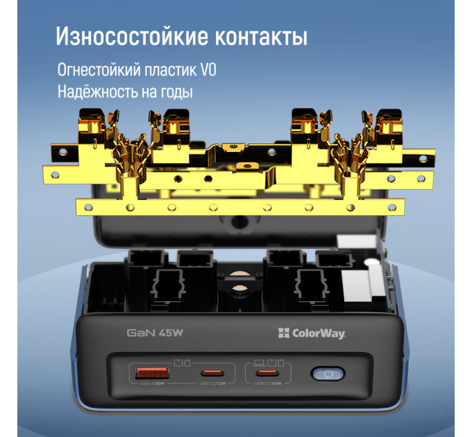 ColorWay Фільтр живлення ColorWay CW-CHE25PDB 45W 2 розетки, 1xUSB-A 2xUSB-C, 2 м, синій