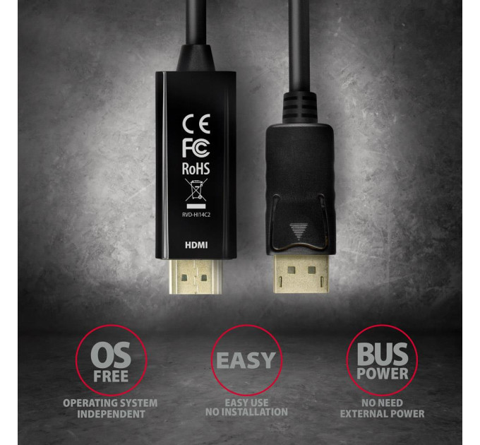 AXAGON Кабель AXAGON RVD-HI14C2 HDMI-DisplayPort, 1.8m, 4K/30Hz, чорний