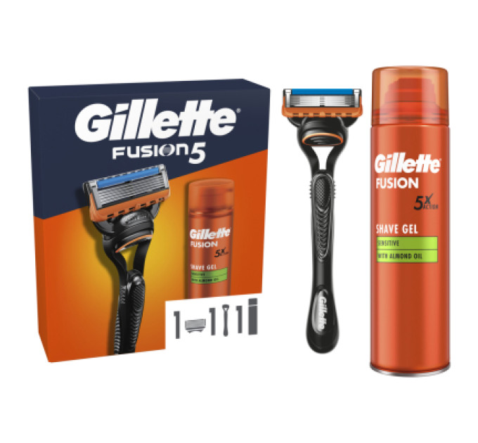 Gillette Набір косметики Gillette Fusion5 Станок для гоління чоловічий (бритва) з 1 змінним картриджем + Гель для гоління 200 мл (8700216534048)