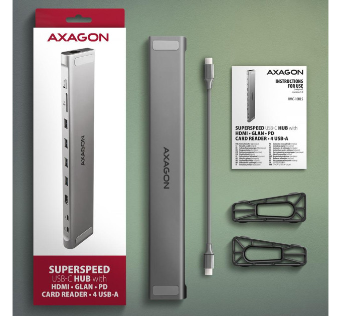 AXAGON Хаб концентратор AXAGON HMC-10HLS USB-C 5Гбіт/с 9in1 hub, сірий