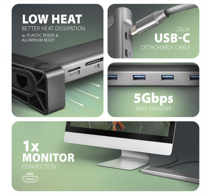 AXAGON Хаб концентратор AXAGON HMC-10HLS USB-C 5Гбіт/с 9in1 hub, сірий