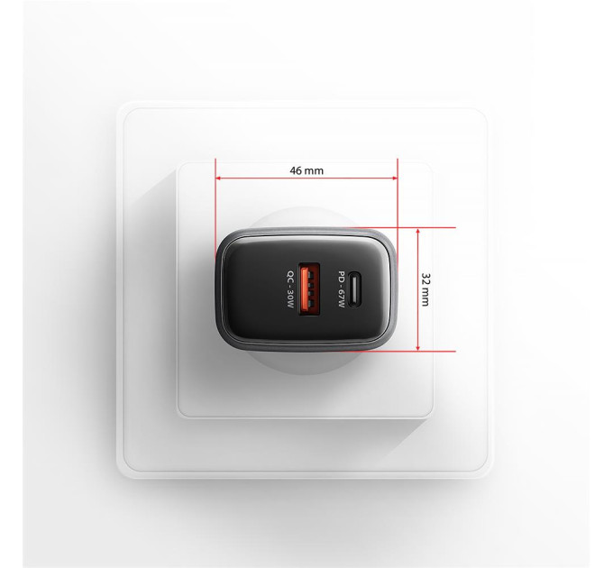 AXAGON Мережевий зарядний пристрій з дисплеєм AXAGON ACU-PQ67D, 2x port (USB + USB-C), PD3.0/QC4+/PPS/Apple, 67W, сірий