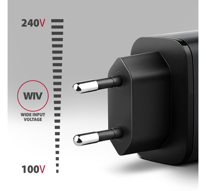 AXAGON Мережевий зарядний пристрій AXAGON ACU-PQ67, 2x port (USB + USB-C), PD3.0/QC4+/PPS/Apple, 67W, сірий