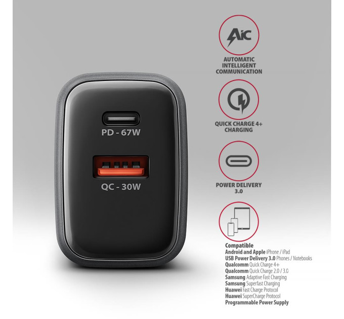 AXAGON Мережевий зарядний пристрій AXAGON ACU-PQ67, 2x port (USB + USB-C), PD3.0/QC4+/PPS/Apple, 67W, сірий