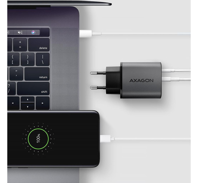 AXAGON Мережевий зарядний пристрій AXAGON ACU-PQ67, 2x port (USB + USB-C), PD3.0/QC4+/PPS/Apple, 67W, сірий