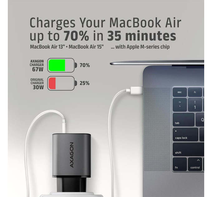 AXAGON Мережевий зарядний пристрій AXAGON ACU-PQ67, 2x port (USB + USB-C), PD3.0/QC4+/PPS/Apple, 67W, сірий
