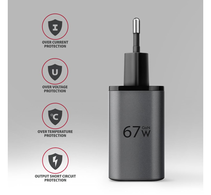 AXAGON Мережевий зарядний пристрій AXAGON ACU-PQ67, 2x port (USB + USB-C), PD3.0/QC4+/PPS/Apple, 67W, сірий