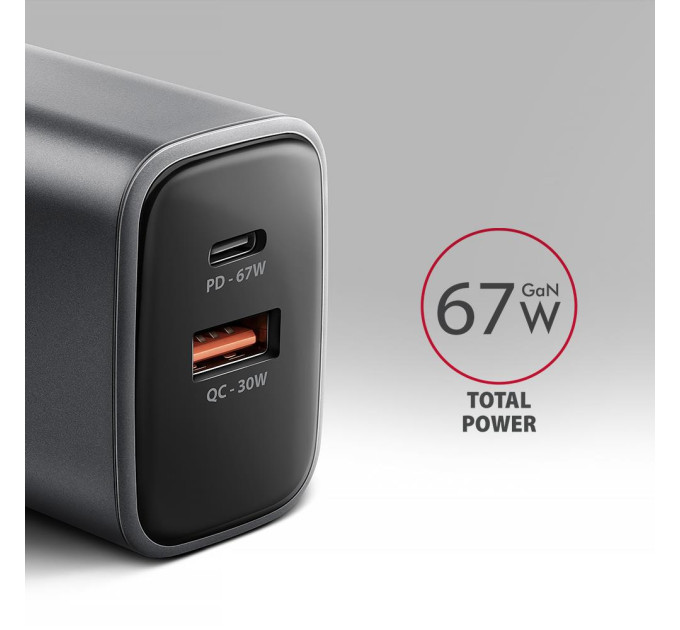 AXAGON Мережевий зарядний пристрій AXAGON ACU-PQ67, 2x port (USB + USB-C), PD3.0/QC4+/PPS/Apple, 67W, сірий