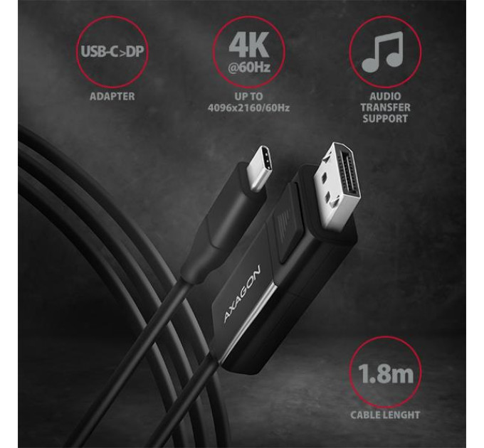 AXAGON Кабель AXAGON RVC-DPC USB-C-DisplayPort, 1.8m, 4K/60Hz, чорний