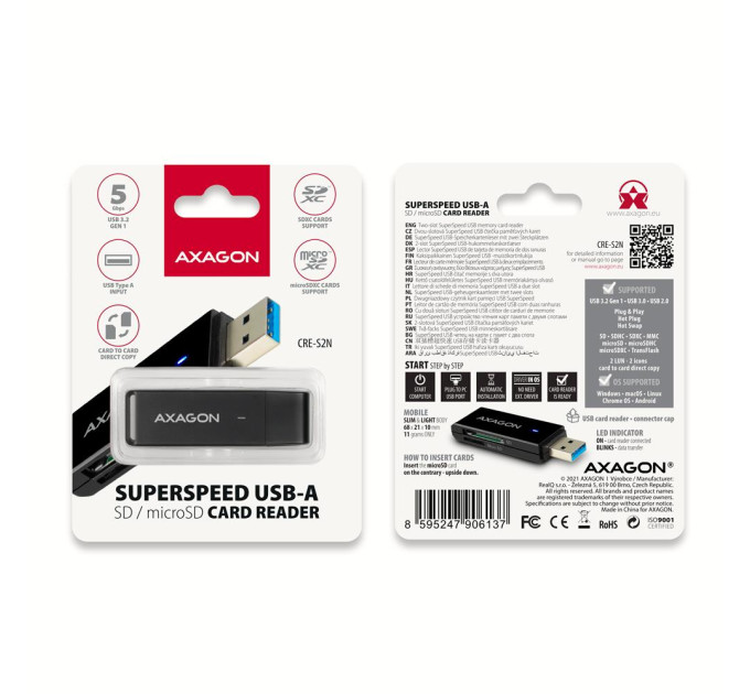 AXAGON Кардрідер AXAGON CRE-S2N SuperSpeed USB-A card reader