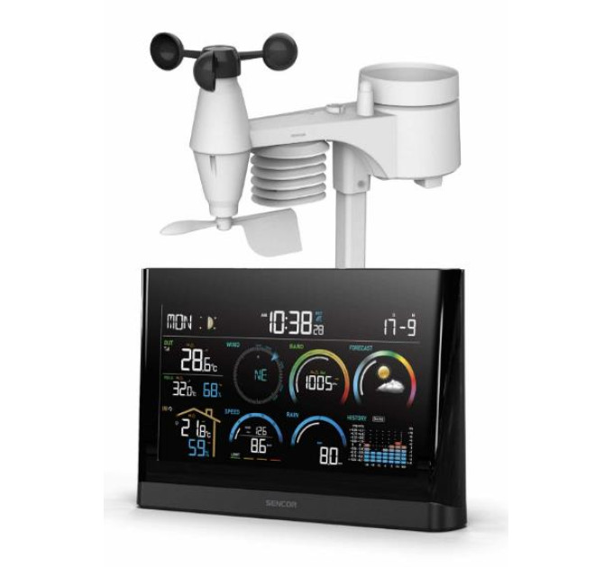 Sencor Метеостанція Sencor, внутр/зовн вимірювання, від мережі/AAx3+AAAx3, темп-ра, вологість, час, прогноз погоди, атмосферний тиск, шв. вітру, чорний