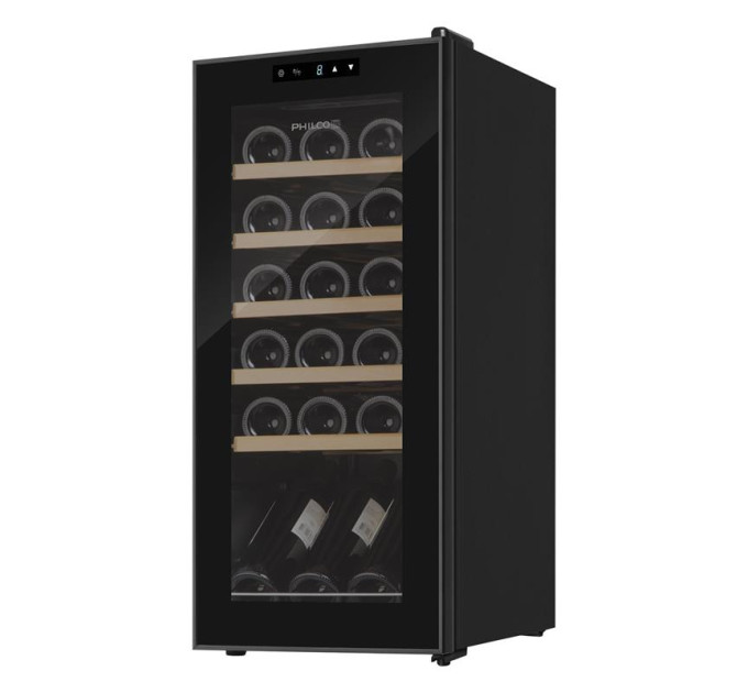 Philco Холодильник Philco для вина,  77x34.5x45, холод.відд.-50л, зон - 1, бут-18, диспл, підсвітка, дерев'яні полиці, чорний