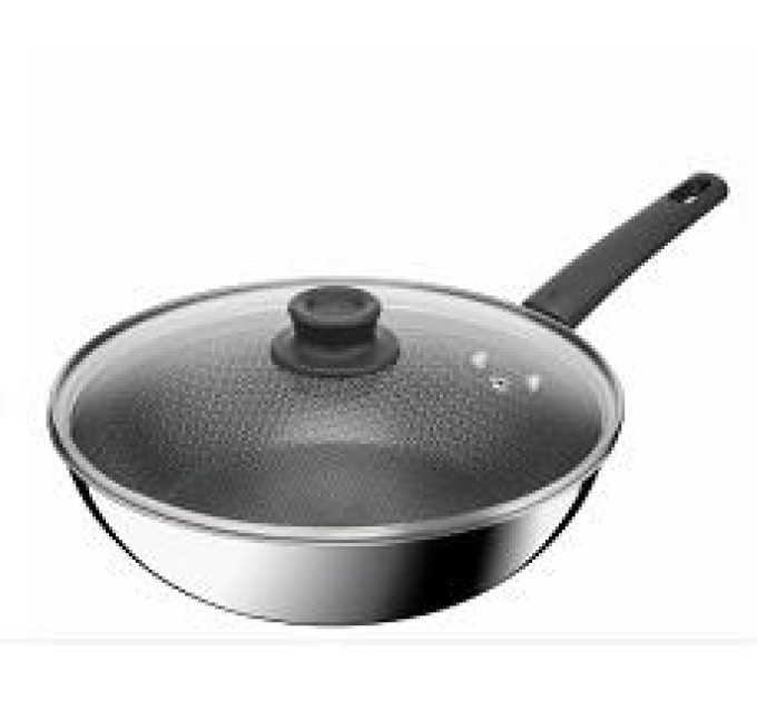 Tefal Kitchenware Сковорода ВОК Emotion+ Power, з кришкою, 28см, нержавіюча сталь, серцевина-алюміній, хромована сталь, бакеліт, скло