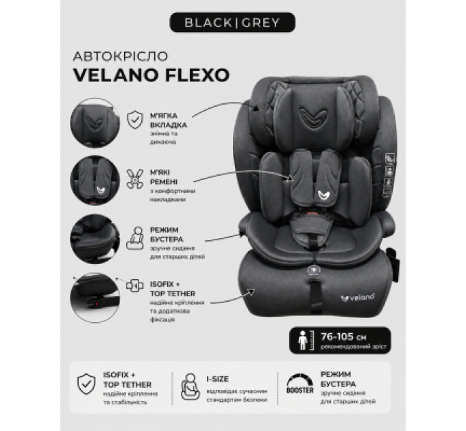 Velano Автокрісло Velano Flexo i-Size 76150 см, ISOFIX + Top Tether/ремінь, black (48413)