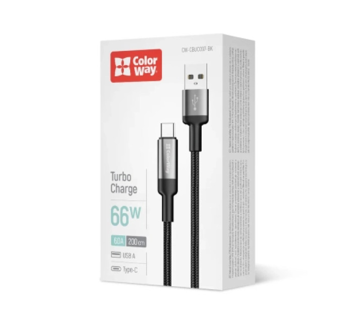 ColorWay Дата кабель USB 2.0 AM to USB-C 2.0m 6A braided wire black ColorWay (CW-CBUC097-BK)