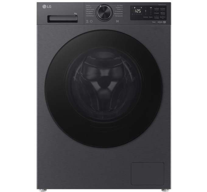 LG HA Стиральная машина LG фронтальная, 8кг, 1200, A, 48см, дисплей, пар, инвертор, чорний матовий
