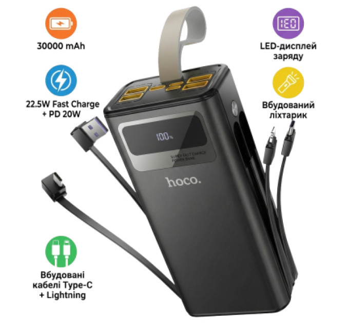 HOCO Батарея універсальна HOCO 30000mAh Plentiful 22.5W, built-in cables, LED, Black (DB58 / 715030)
