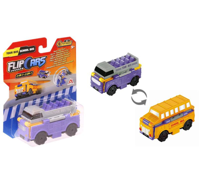 Flip Cars Машинка-трансформер Flip Cars 2в1 Міський транспорт, Туристичний і Шкільний автобус