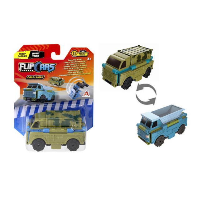Flip Cars Машинка-трансформер Flip Cars 2в1 Військовий транспорт, Військова вантажівка і Самоскид