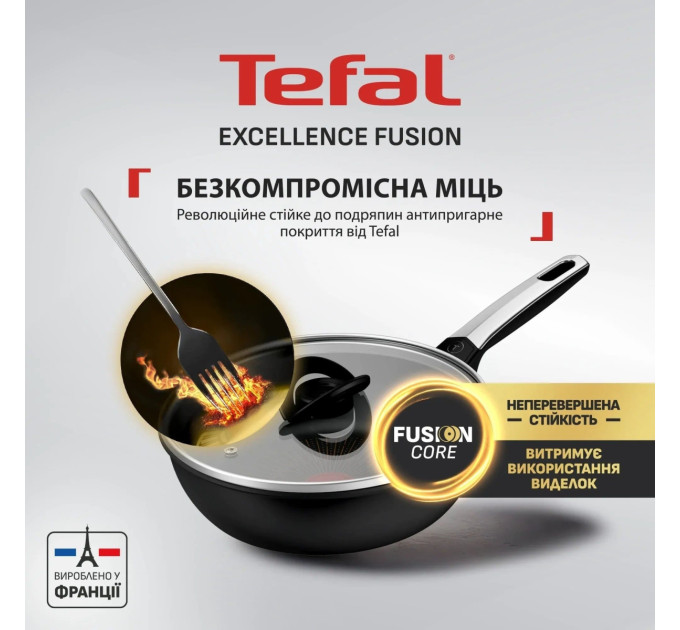 Tefal Kitchenware Мультисковорода Tefal Excellence Fusion, з кришкою, 24см, алюміній, скло, нержавіюча сталь, метал, чорний