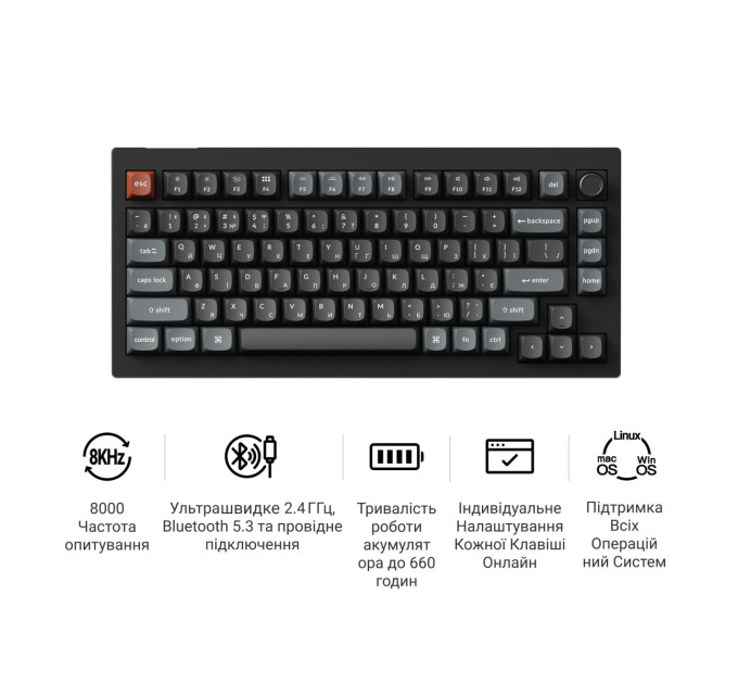 Keychron Клавіатура бездротова Keychron V1 Ultra Keychron Red Switch Black RGB (V1U-D1-UA)