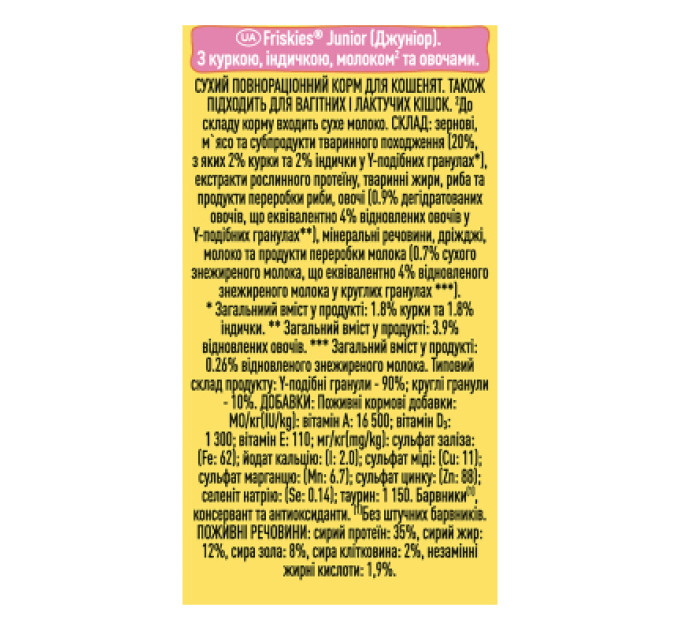 Purina Friskies Сухий корм для кішок Purina Friskies Junior з куркою, молоком і овочами 300 г (7613031868360)