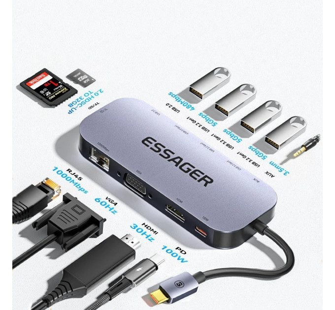 Essager USB-хаб Essager Marble Harp 11 in 1 USB-C Hub (EHB11-FQ0G-Z)