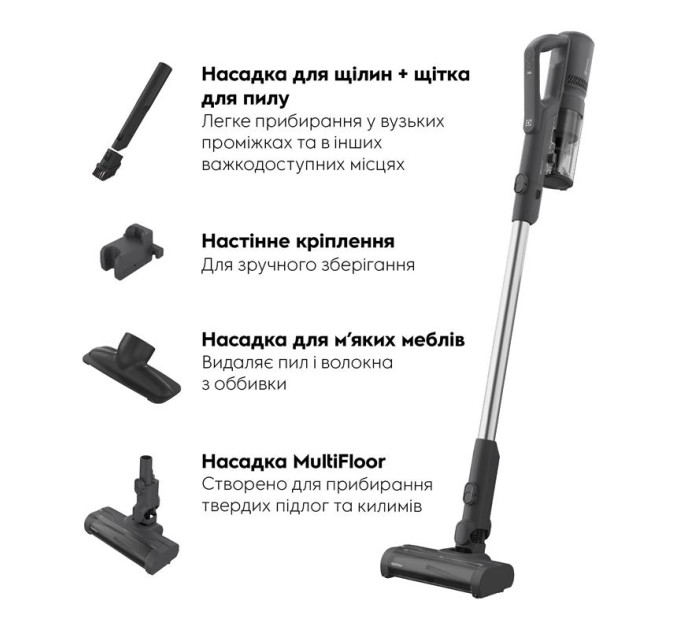 Electrolux HA Пилосос Electrolux бездротовий, конт пил -0.3л, автон. робота до 50хв, вага-1.9кг, HEPA10, 3 насадки, синій