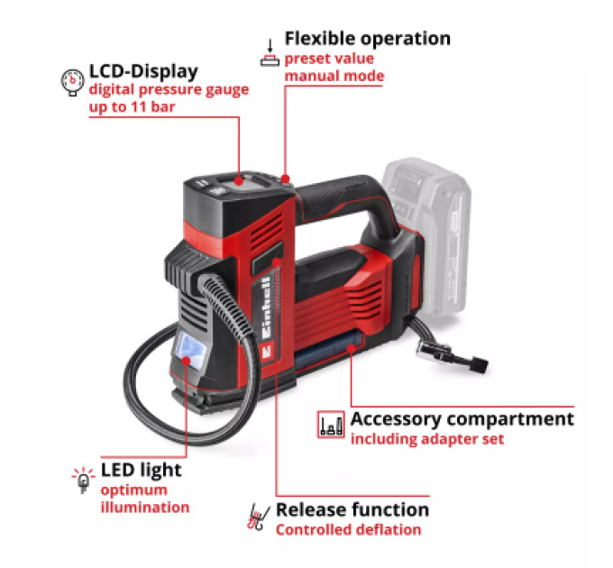 Einhell Компресор Einhell CE-CC 18/23 D Li - Solo, 18V, 12 l/min, 11 bar (без АКБ та ЗП) (2071025)