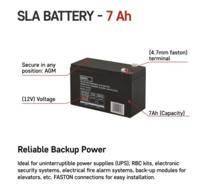 EMOS Батарея до ДБЖ EMOS B9691 AGM 12V 7Ah fast 4,7mm (B9691)