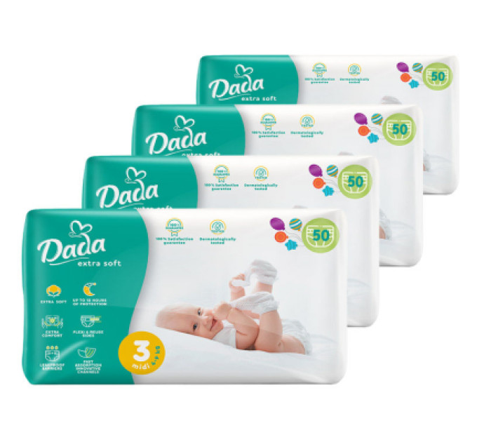 Dada Підгузки Dada Extra Soft Розмір 3 MIDI (4-9 кг) 4 упаковки по 50 шт (200 шт) (4820174989545)