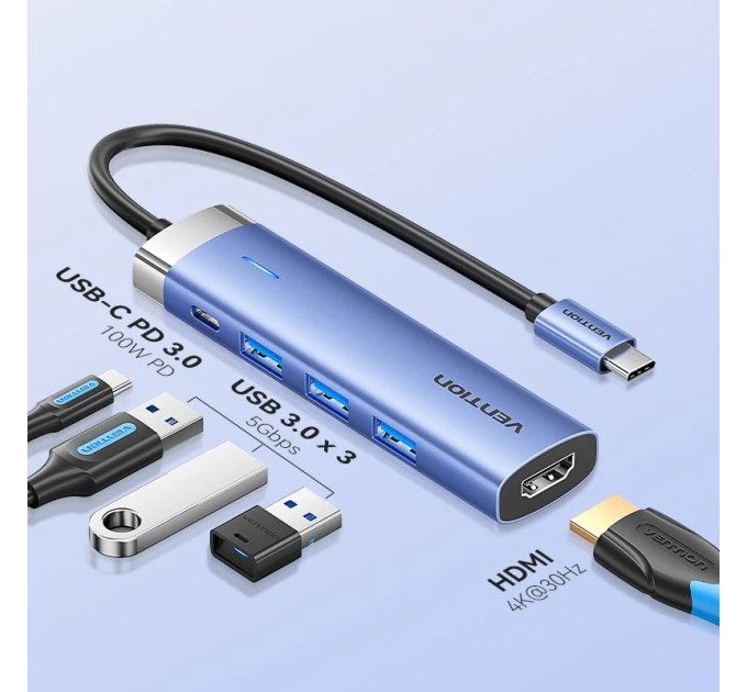 Vention Концентратор Vention USB 3.1 Type-C to HDMI/USB 3.0x3/PD 100W Blue Aluminum Alloy Hub 5-in-1 (TGESB)