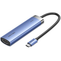 Концентратор Vention USB 3.1 Type-C to HDMI/USB 3.0x3/PD 100W Blue Aluminum Alloy Hub 5-in-1 (TGESB)