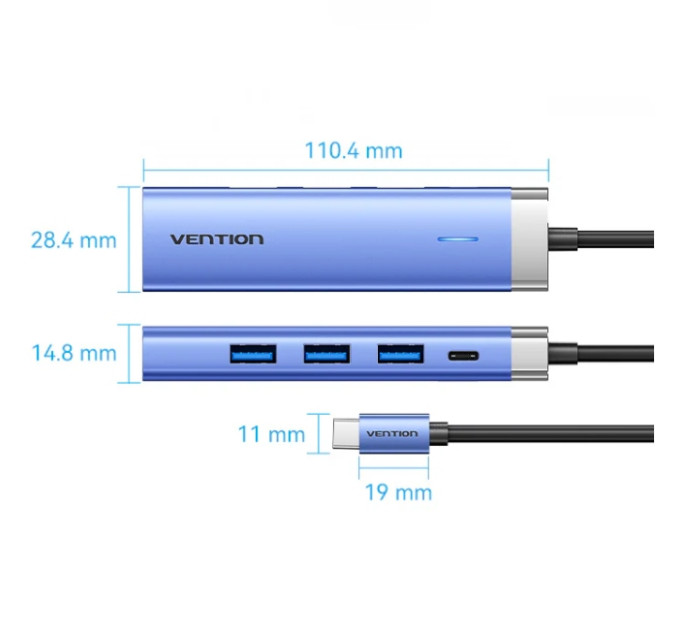Vention Концентратор Vention USB 3.1 Type-C to HDMI/USB 3.0x3/PD 100W Blue Aluminum Alloy Hub 5-in-1 (TGESB)