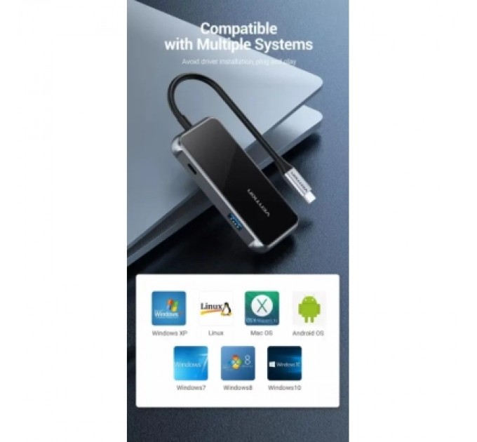 Vention Концентратор Vention USB 3.1 Type-C to 4хUSB 3.0/PD 87W 5-in-1 Gray Mirrored Surface (TFDHB)