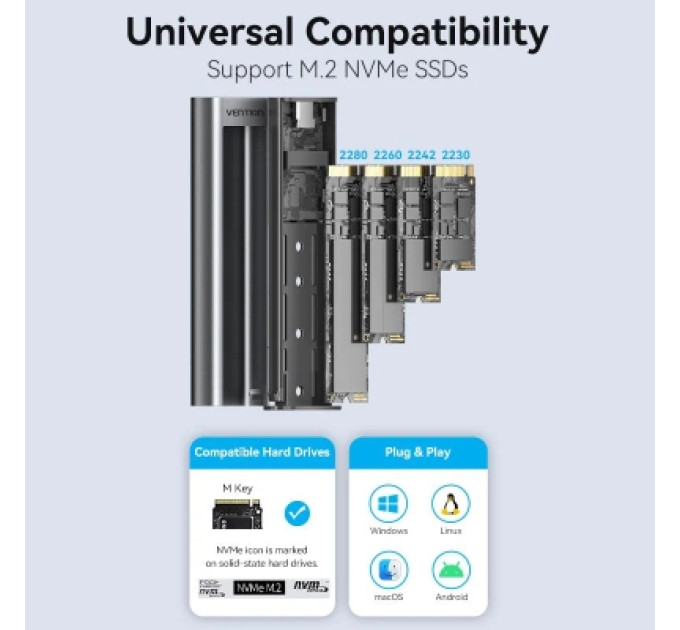 Vention Кишеня зовнішня VENTION M.2 NVMe SSD Enclosure (USB 3.1 Gen 2-C) with Heat Sink Gray Aluminum Alloy Type (KPKH0)