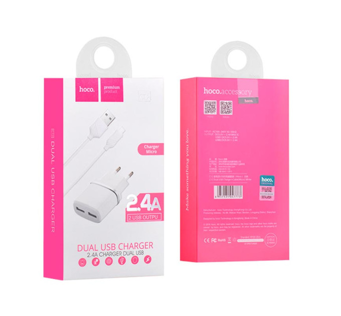 HOCO Мережевий зарядний пристрій Hoco C12 (2USB, 2.4А) White (C12MW) + кабель MicroUSB
