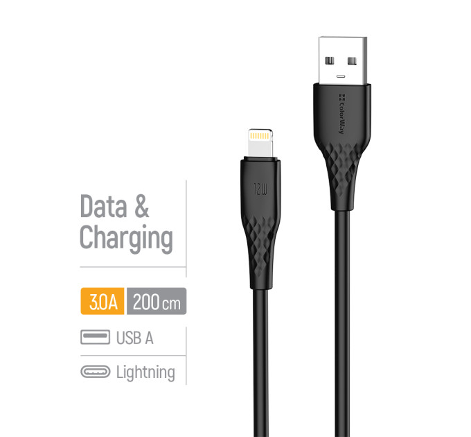 ColorWay Кабель ColorWay USB - Lightning (M/M), textured PVC, 3А, 2 м, Black (CW-CBUL095-BK)