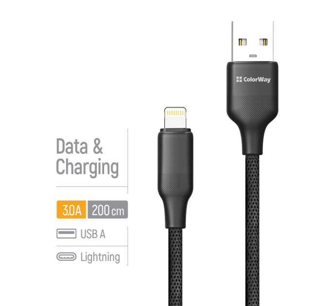 ColorWay Кабель ColorWay USB - Lightning (M/M), TPE embossed, 3А, 2 м, Black (CW-CBUL102-BK)