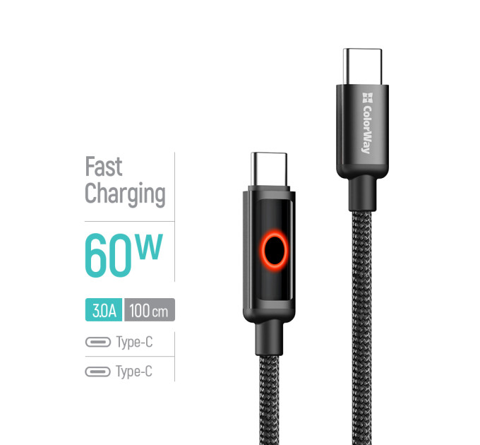 ColorWay Кабель ColorWay USB Type-C - USB Type-C (M/M), Breathing Light, 3А, 1 м, Black (CW-CBPDCC103-BK)