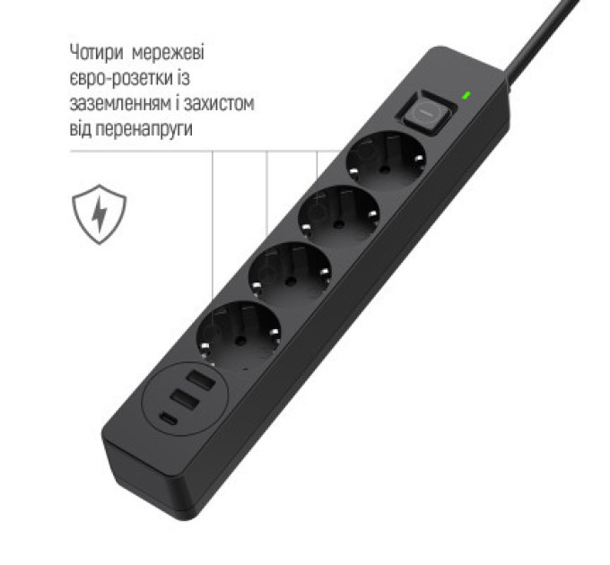ColorWay Мережевий фільтр живлення ColorWay CW-CHE432PDB, 4 розетки/3USB 2M (CW-CHE432PDB)