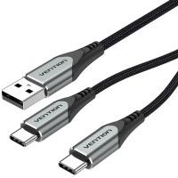 Дата кабель USB 2.0 AM to 2хUSB-C M 1.0m Y-Splitter Charging Cable 2.4А 480Mbps Aluminum Al Vention (CQOHF)