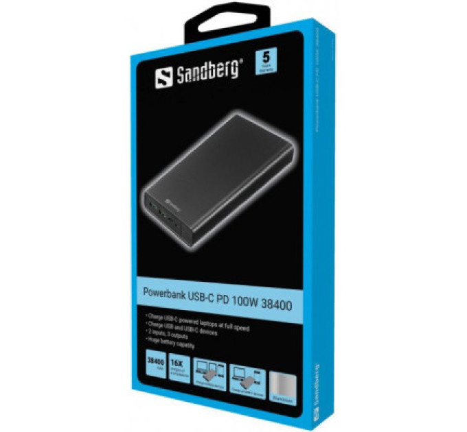 Sandberg Батарея універсальна Sandberg 38400mAh, PD/100W, QC/3.0, inp:USB-C/Micro-USB, out:USB-A*2 (420-63)