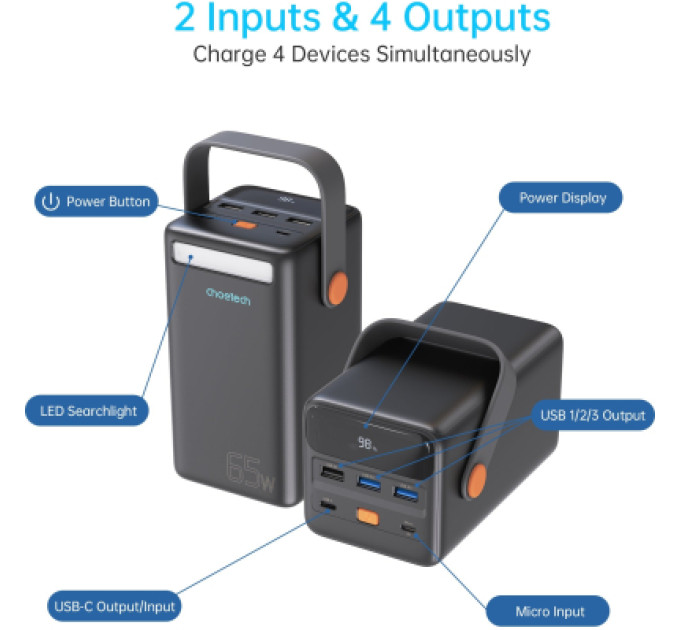 Choetech Батарея універсальна Choetech 50000mAh, PD/3.0/65W, QC/3.0/18W, USB-C, 3*USB-A, mirco USB, LED Light (B664-CCBE)