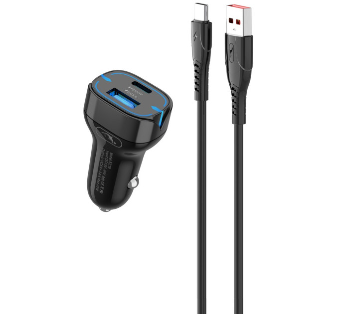 SkyDolphin Автомобильное зарядное устройство SkyDolphin SZ19T PD 20W + QC3.0 20W Black (AZP-000104) + кабель Type-C