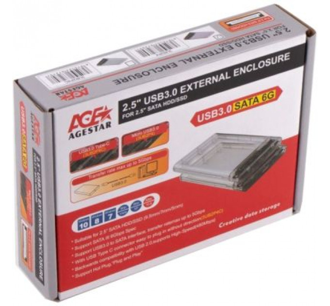Кишеня зовнішня AgeStar 2.5", USB3.0, прозрачный (3UB2P4)