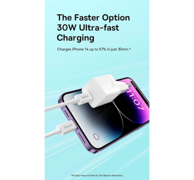 Baseus Зарядний пристрій Baseus GaN5 Fast Charger USB-C 30W + Cable 1.0m Type-C 100W white (P10110902213-00)