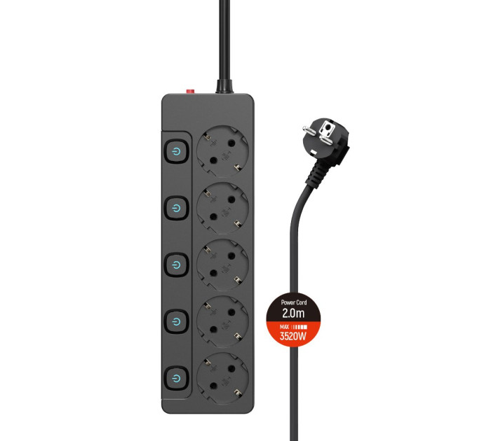 ColorWay Фільтр живлення СolorWay (CW-PSEA52SBK) 5 розеток, 2м, Black