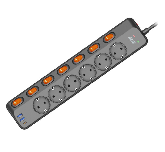2E Мережевий фільтр 2E 6xТипF, 16A, 2xUSB-A, 1x USB-C, 3 м, чорний (2E-SP6M3SWBK)